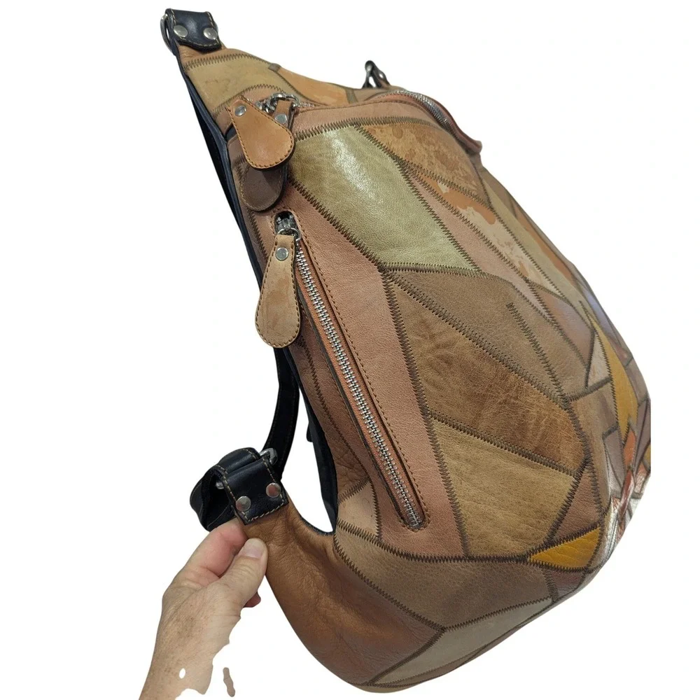 Leonid Titow Patchwork Leather Backpack Brown Tan Geometric Geometric Mosaic Bag
